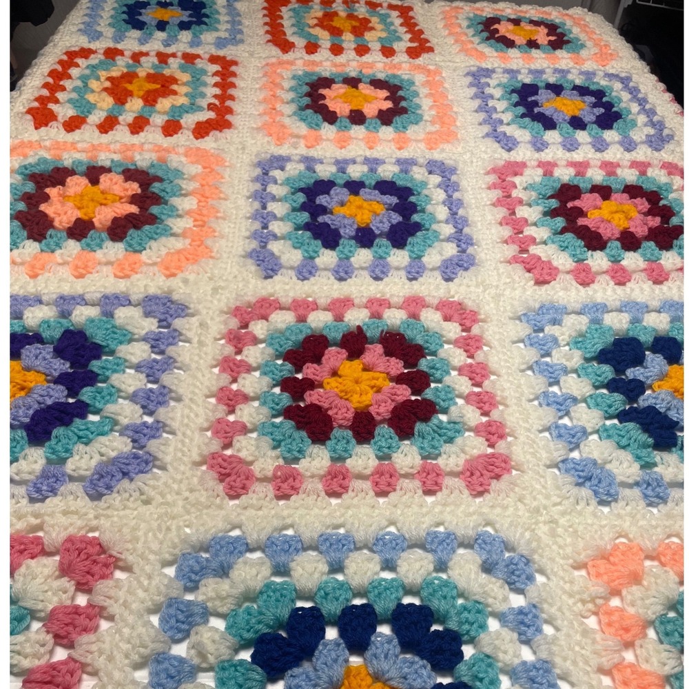 Handmade Crochet Granny Square Colorblock Floral Afghan Small Size Throw Blanket